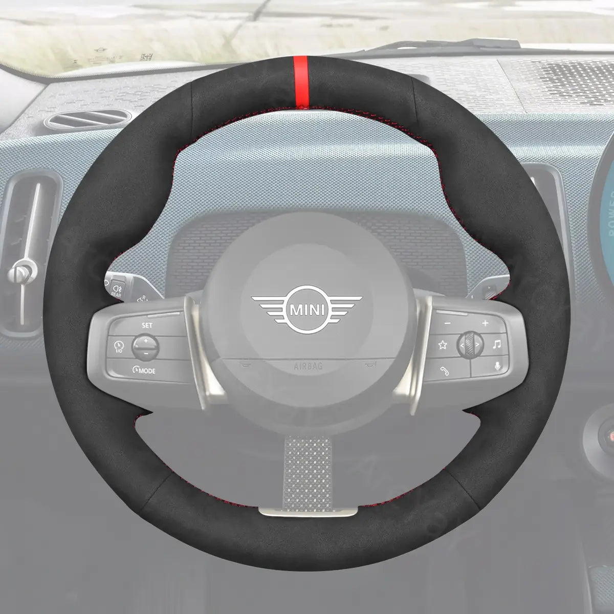 ArcYaY steering wheel cover for MINI Electric Countryman U25 & Hatch F66 (24-25). Stylish design, ergonomic fit, adds comfort and fun to your drive.