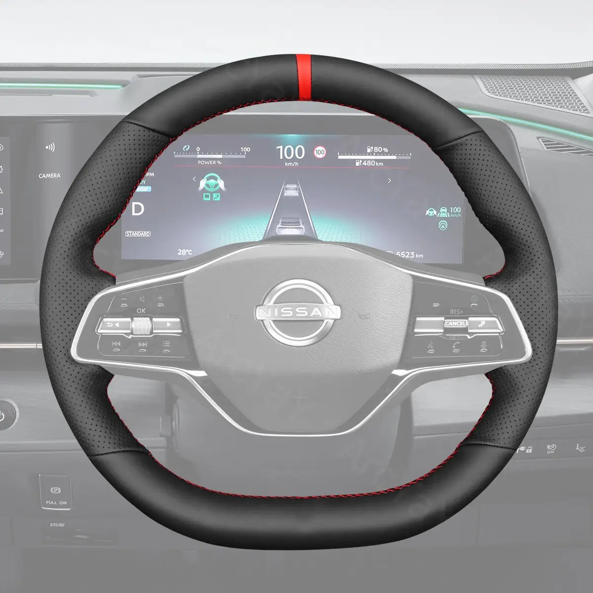 ArcYaY custom fit steering wheel cover for the Nissan Ariya electric SUV (22-25). Enhances grip, protects from sun and wear, adds style.