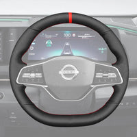 ArcYaY custom fit steering wheel cover for the Nissan Ariya electric SUV (22-25). Enhances grip, protects from sun and wear, adds style.