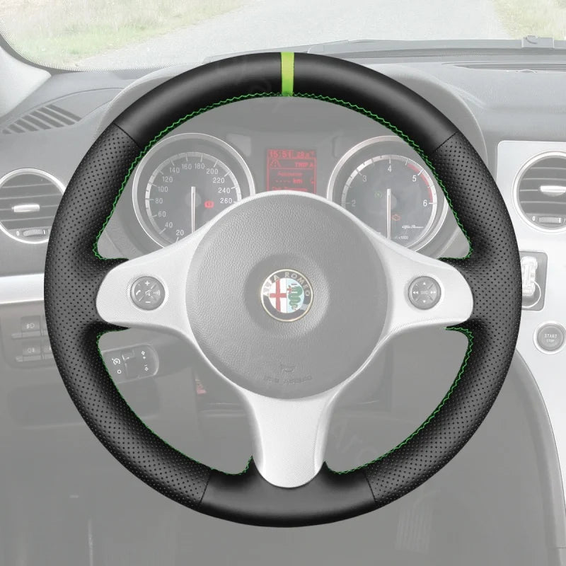 ArcYaY’s Sports-specific, hand-sewn Steering Wheel Cover designed for Alfa Romeo 159, Brera, and Spider models (2006–2012). Elevate your sporty drive.
