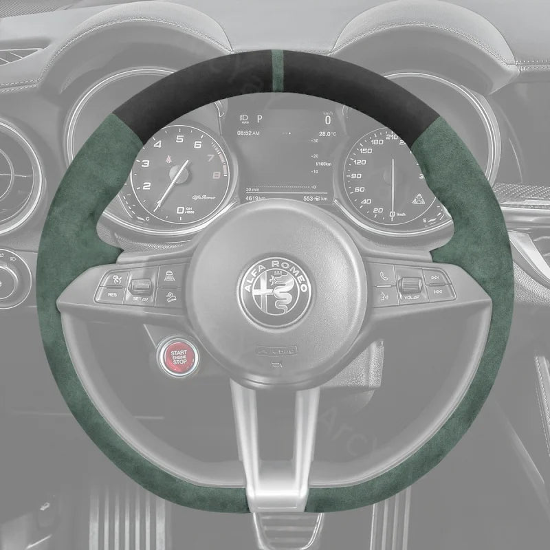 ArcYaY’s Sports-specific, hand-sewn Steering Wheel Cover for Alfa Romeo Giulia (Quadrifoglio) (2017–2019) & Stelvio (Quadrifoglio) (2018–2019). Unleash pure performance.
