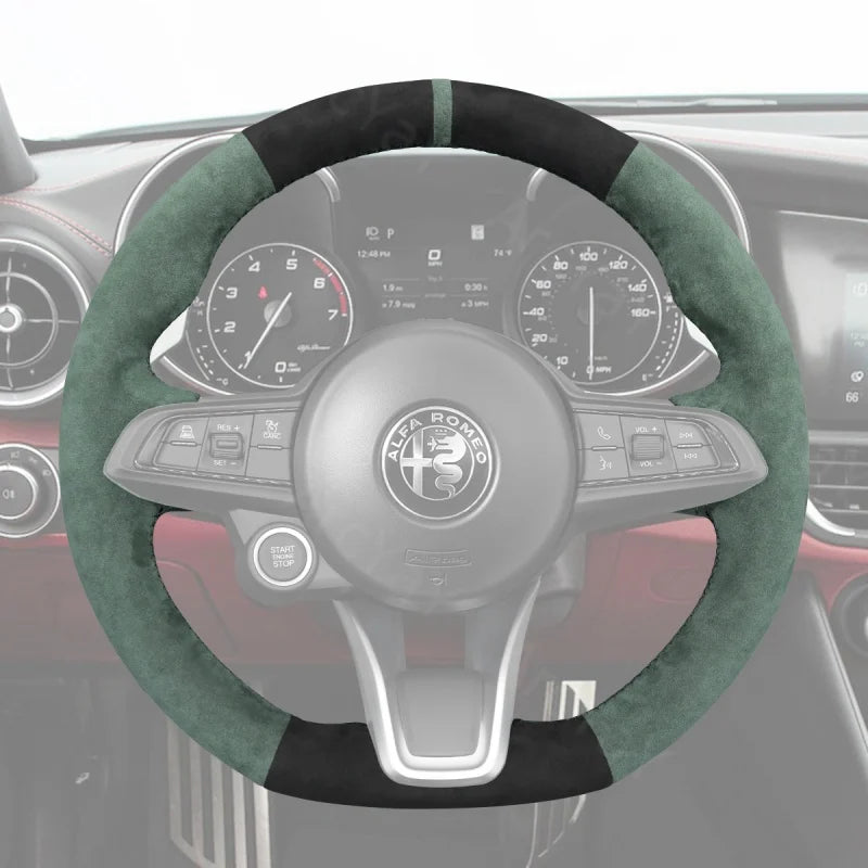 ArcYaY’s Sports-specific, hand-sewn Steering Wheel Cover for Alfa Romeo Giulia (2020–2022), Stelvio (2020–2022) & Tonale (2022). Drive with dynamic style.
