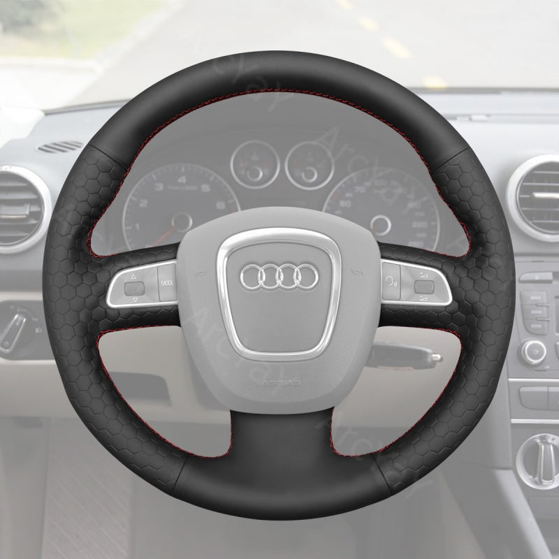 ArcYaY’s Sports-specific, hand-sewn Steering Wheel Cover for Audi S4, RS4, S5, S6 & S8 (US models 2006–2012). Elevate your driving experience with sporty finesse.
