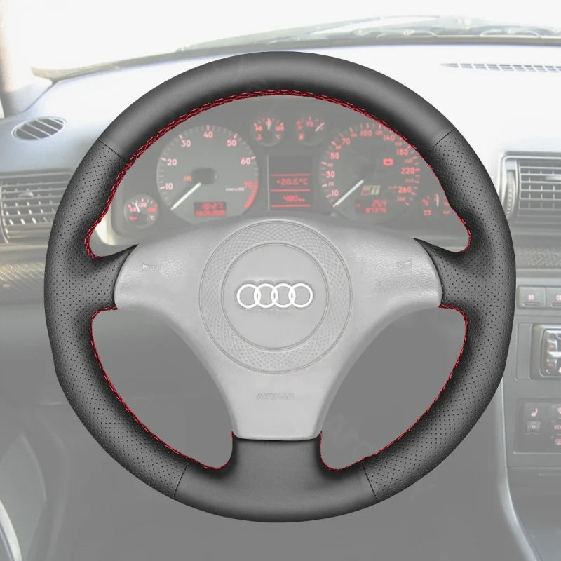ArcYaY’s Sports-specific, hand-sewn Steering Wheel Cover for Audi TT, Cabriolet, S4, S6 & S8 models (1997–2001). Enhance your drive with sporty precision.
