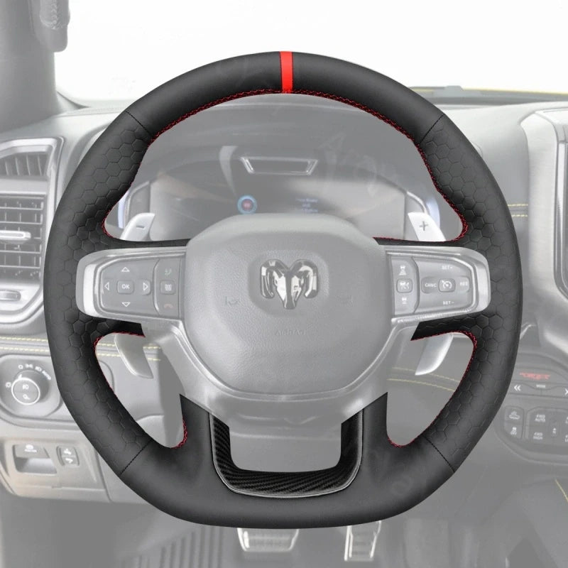 ArcYaY offers a custom, hand-stitched, Sport-Optimized Steering Wheel Cover for the Dodge Ram 1500 TRX (2021–2025). Experience unmatched performance.
