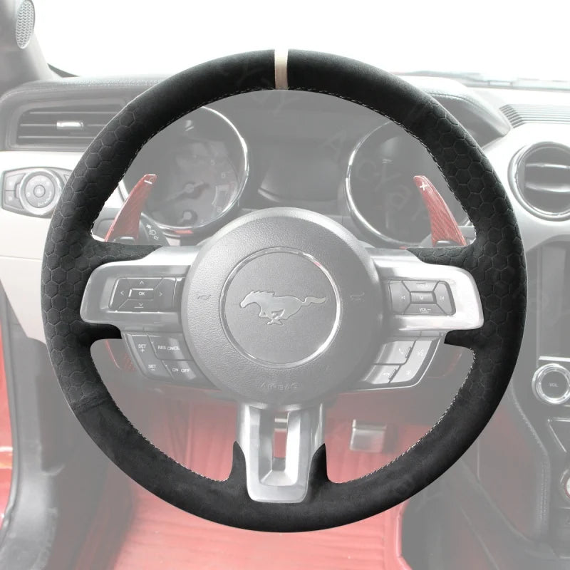 ArcYaY offers a custom, hand-stitched, Sport-Optimized Steering Wheel Cover for the Ford Mustang (2015–2023). Experience high-performance drive.