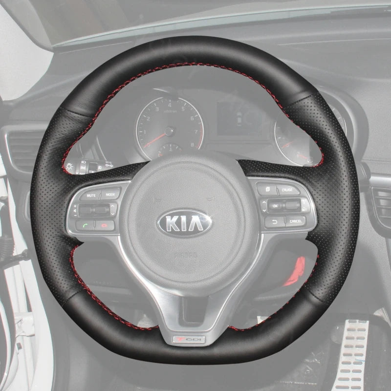 ArcYaY’s custom, hand-stitched, Sport-Optimized Steering Wheel Cover for Kia Sportage4 & Optima4 GT-Line models (2016-2018) drives a bold sporty look.
