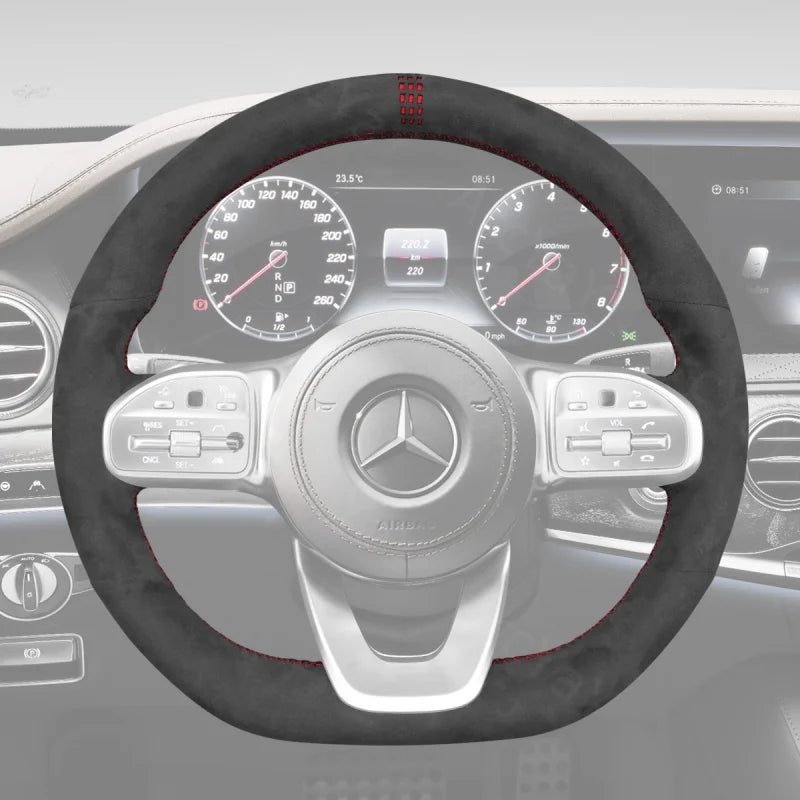 ArcYaY delivers a custom, hand-stitched, Sport-Optimized Steering Wheel Cover for Mercedes AMG models C118 & H247 (2021–2023). Experience refined sport performance.
