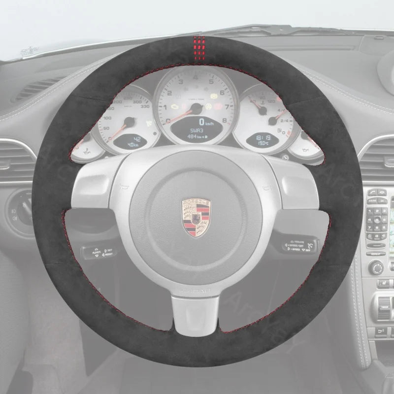 ArcYaY presents a custom, hand-stitched, Sport-Optimized Steering Wheel Cover with bulge for Porsche 911, Boxster & Cayman (2005-2009). Unleash sporty precision.