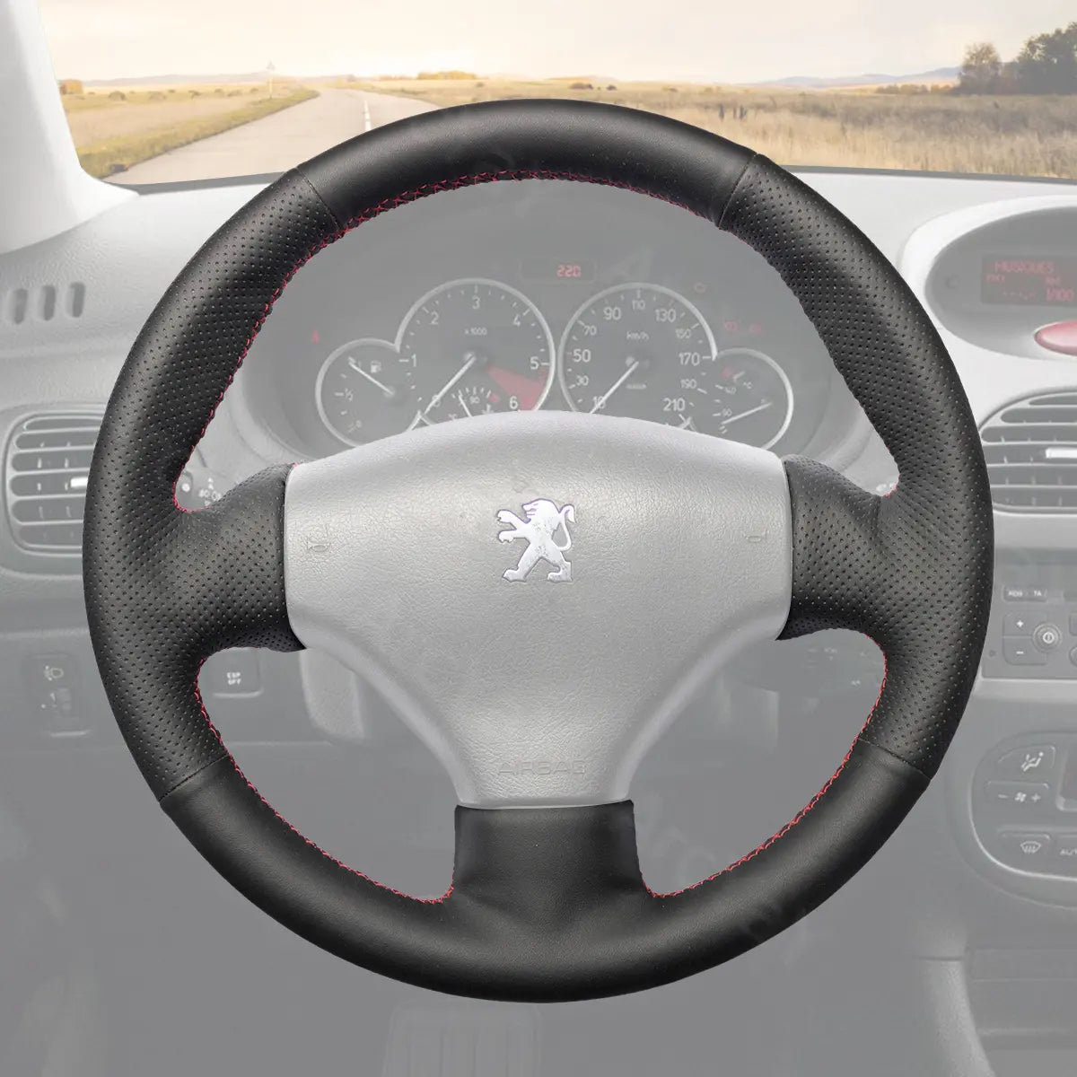 Multi-year-fit steering wrap for Peugeot 206 (2001-2009). Adaptable design for various models.