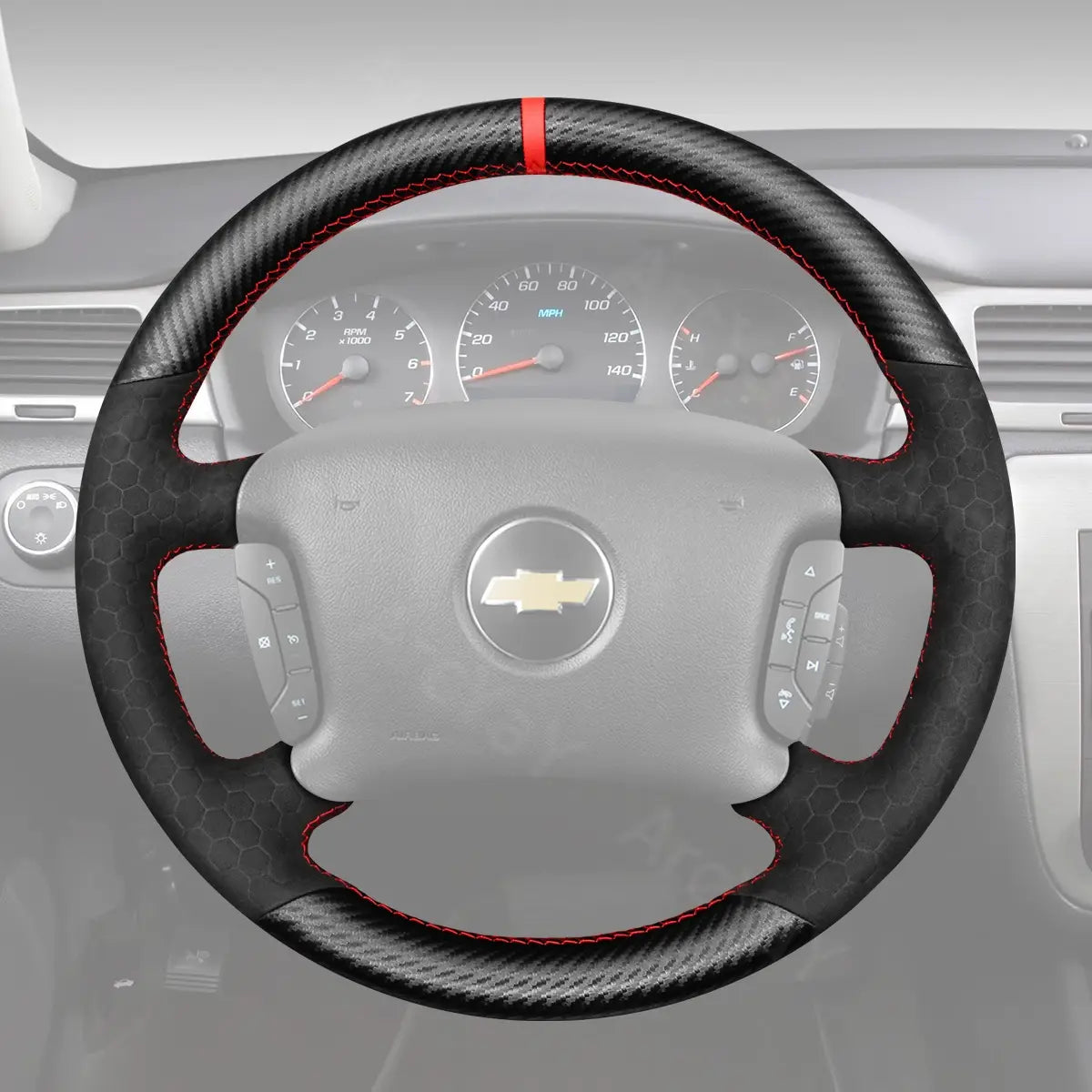 Custom fit leather steering wheel cover for 2006-2007 Chevrolet Monte Carlo. Perfect fit enhances comfort and style.