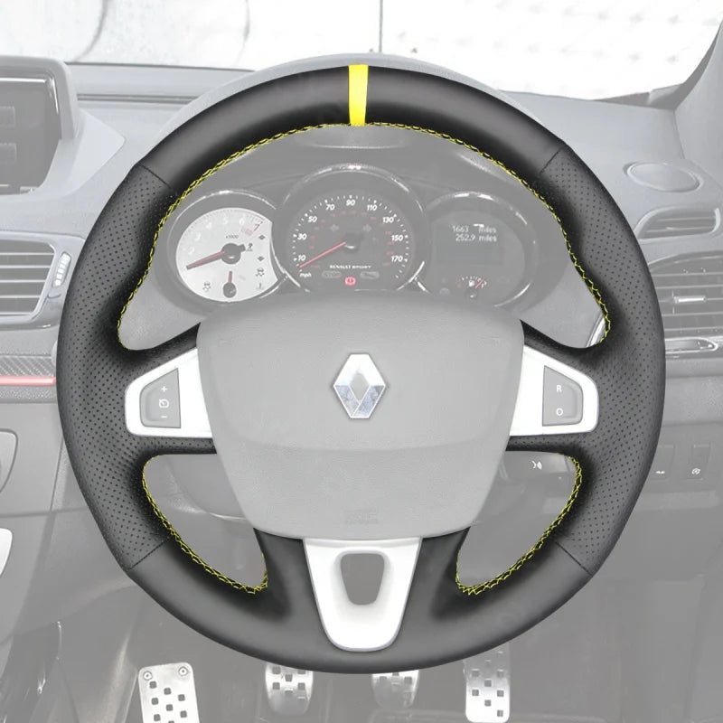 ArcYaY’s custom, hand-stitched, Sport-Optimized Steering Wheel Cover for the Renault Megane 3 Coupe RS (2010-2016) fuels a racing spirit.
