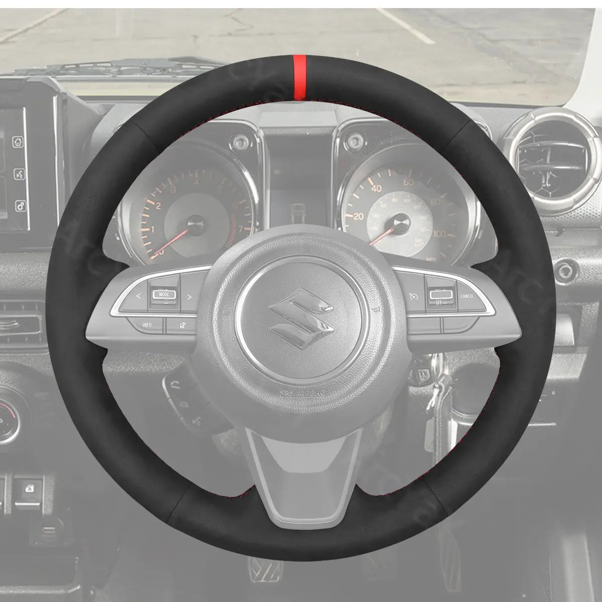 Custom grip steering wheel cover for Suzuki Jimny (2019-2025). Crafted for enhanced comfort and control, offering a secure, stylish fit for your SUV's steering wheel.