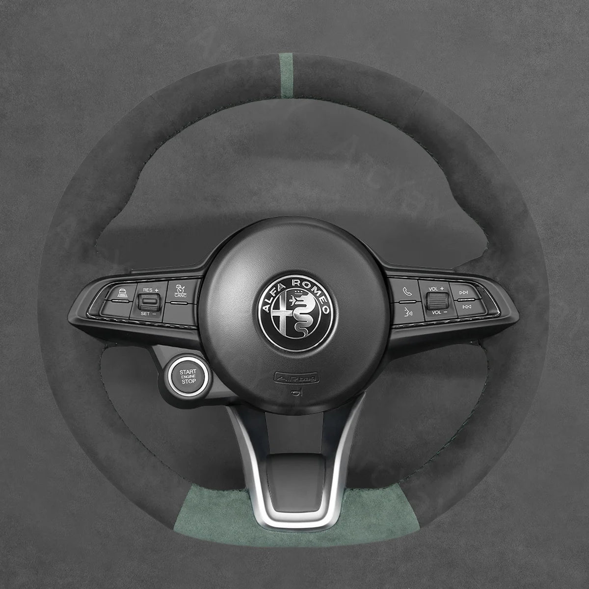 ArcYaY’s Sports-specific, hand-sewn Steering Wheel Cover for Alfa Romeo Giulia (2020–2022), Stelvio (2020–2022) & Tonale (2022). Drive with dynamic style.