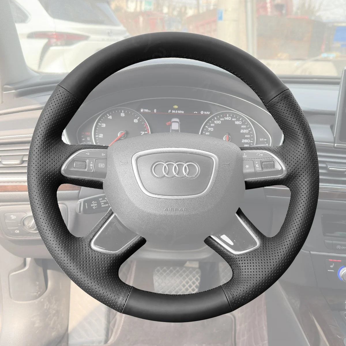 Premium steering wheel cover for Audi Q5 and Q7 (2012-2017). Adds grip, luxury, and protection.