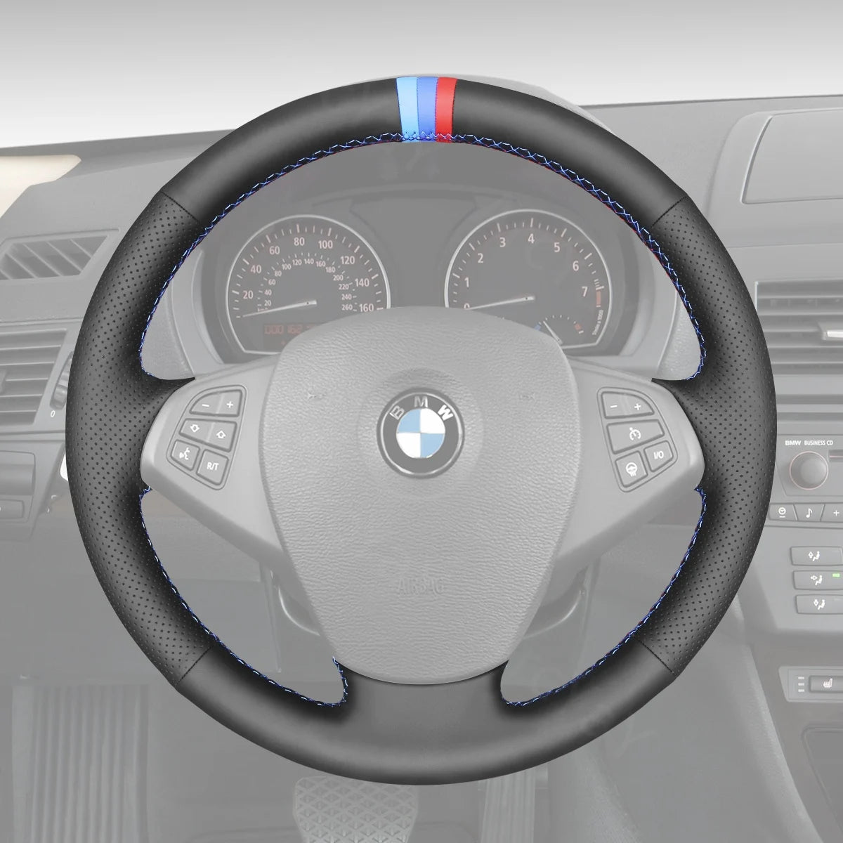 Steering wheel cover fits BMW X3 E83 (2005-2010). Durable, stylish cover for better grip and driving experience.
