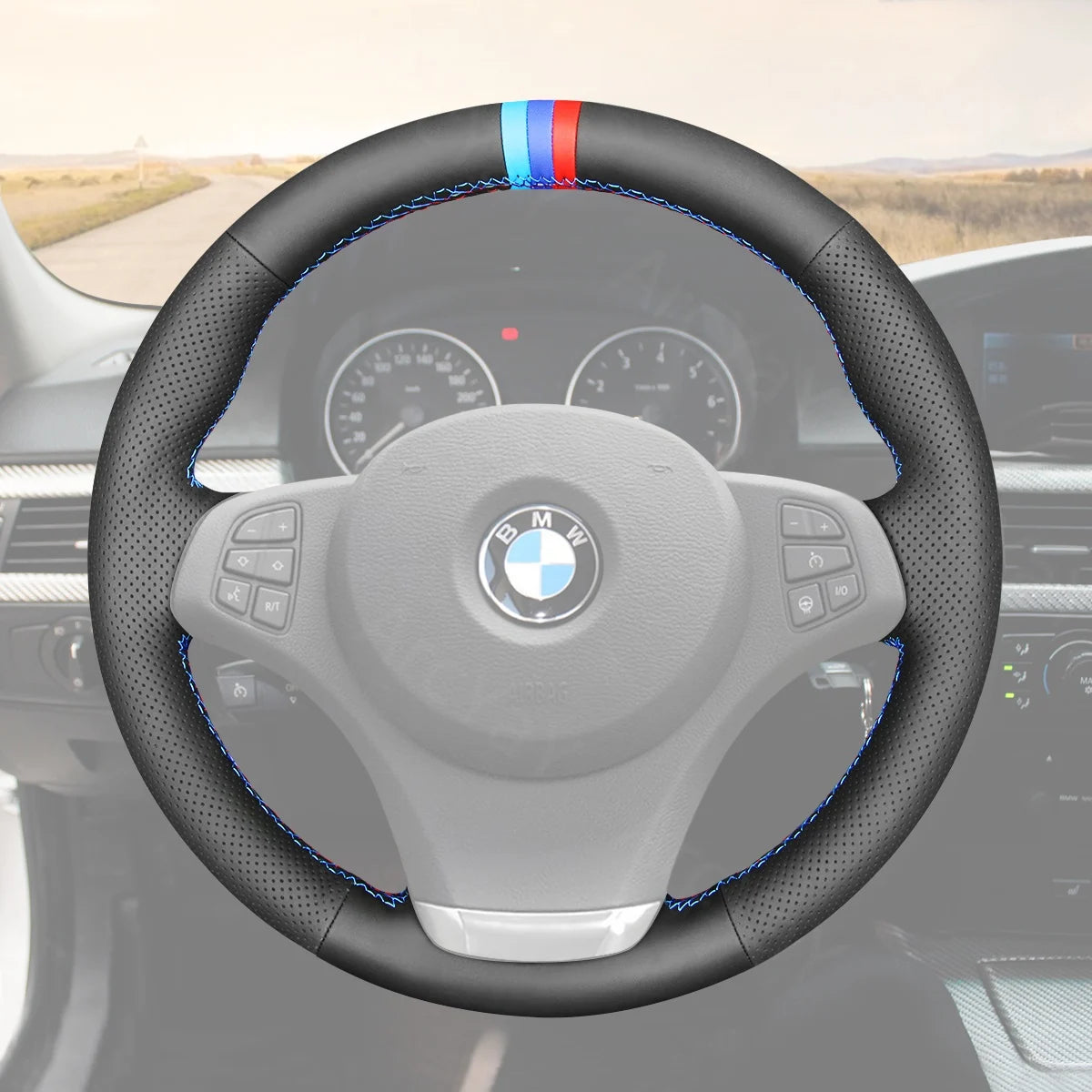 Custom steering wheel cover for BMW X3/X5 E83/E53 (2000-2010). Adds grip and protection with luxury finish.