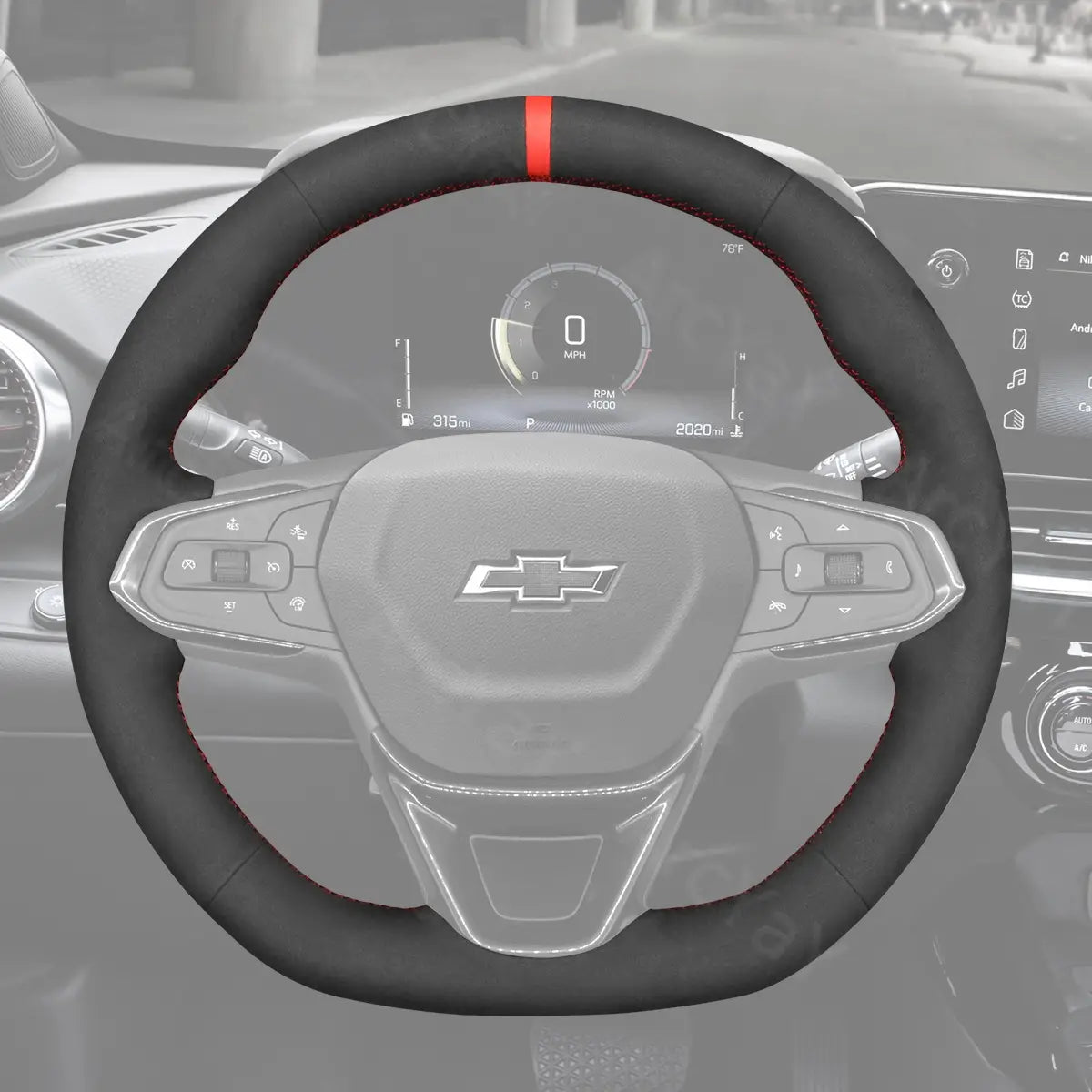 Steering cover for Chevrolet Trax RS Trailblazer (2021-2025). Custom fit designed to offer comfort, durability, and a stylish upgrade to your SUV's steering wheel.