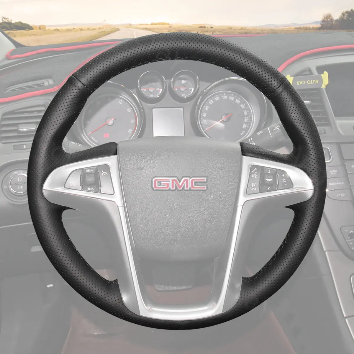 Steering wheel cover for GMC Terrain (2010-2017). Custom fit offering durability and comfort while upgrading your SUV's steering wheel.