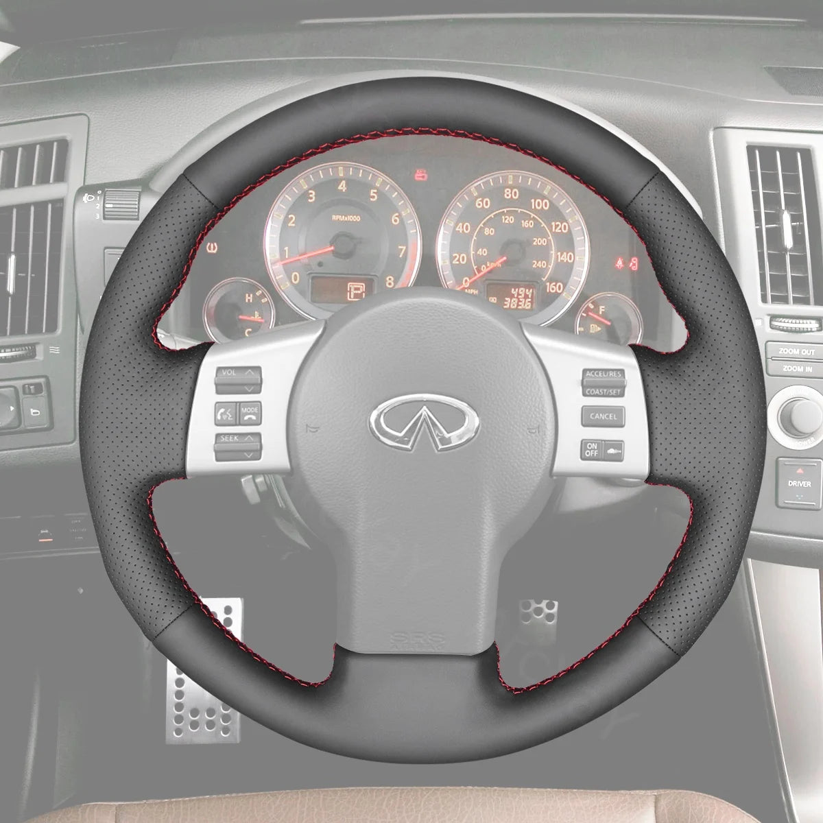 Steering wheel cover for Infiniti FX45 2004-2008. Provides a comfortable grip and sleek look.