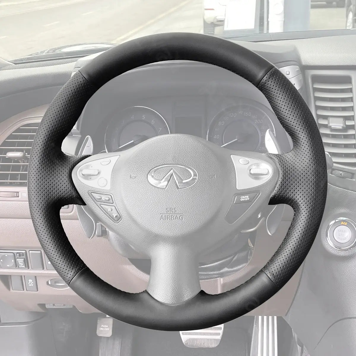 Enhance your Infiniti QX70 or FX-series (FX30d/35/37/50) SUV steering wheel (2009-2018) with ArcYaY's cover. Premium PU leather, ergonomic contours, and anti-slip stitching ensure lasting grip, comfort, and refined style.