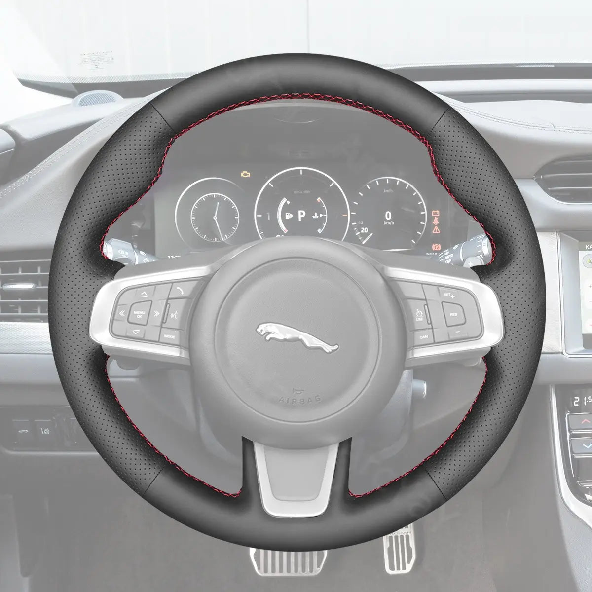 ArcYaY's Sports-specific, hand-sewn Steering Wheel Cover for Jaguar E Pace F Pace 2016-2019. Durable, stylish, and improves driving comfort.