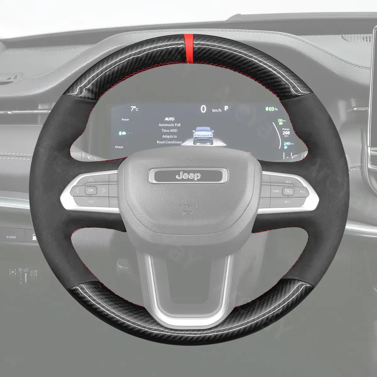 Steering wheel cover for Jeep Compass II MP (2022-2025). Custom fit cover designed to provide comfort, protection, and style for your SUV's steering wheel.