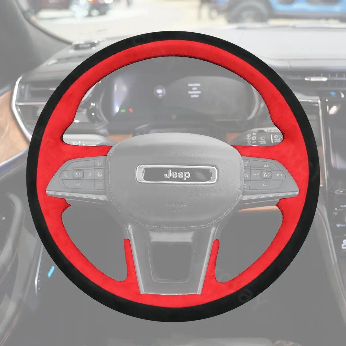 Steering wheel cover for Jeep Grand Cherokee V L (2021-2025). Custom fit cover offering enhanced comfort and protection while upgrading your SUV's interior.