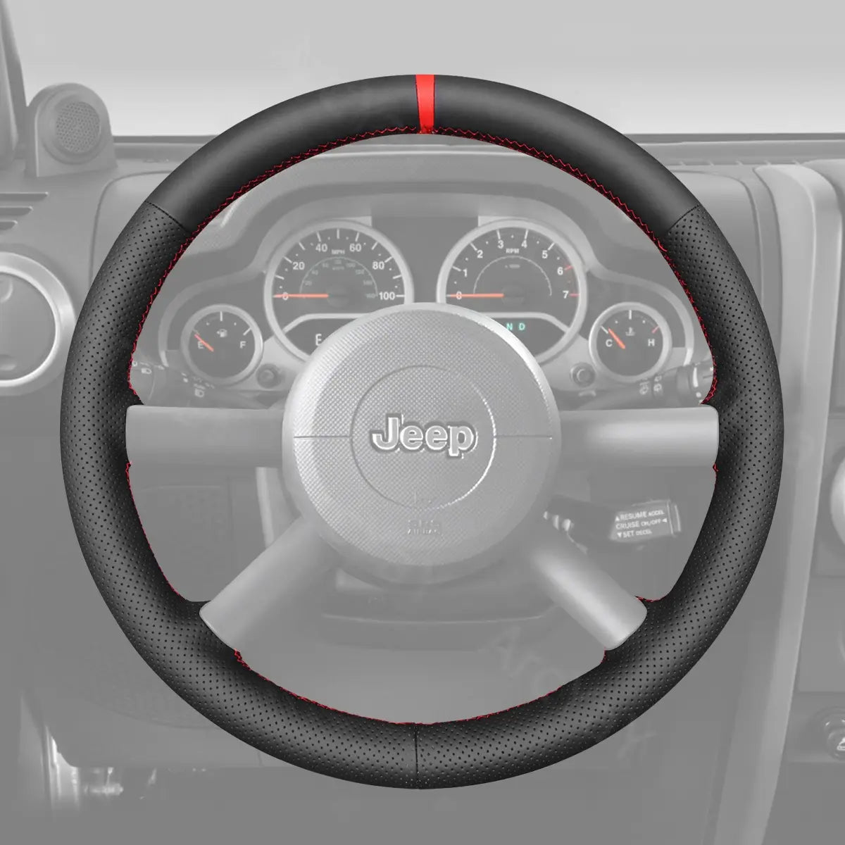 Custom steering wheel cover for Jeep Wrangler JK (2007-2010). Enhance grip, comfort, and style with this tailored cover, offering a perfect fit for your SUV's steering wheel.
