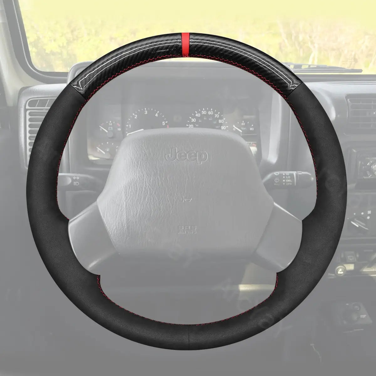Steering wheel cover for Jeep Wrangler TJ XJ (1997-2002). Custom fit cover designed for comfort and protection, enhancing your SUV's interior with a sleek look.