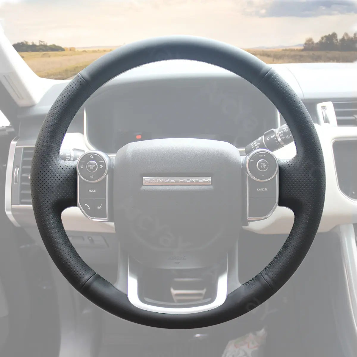 Steering wheel cover for Land Rover Evoque Velar (2017-2022). Provides a secure fit, comfort, and durability, offering a stylish upgrade to your SUV's steering wheel.