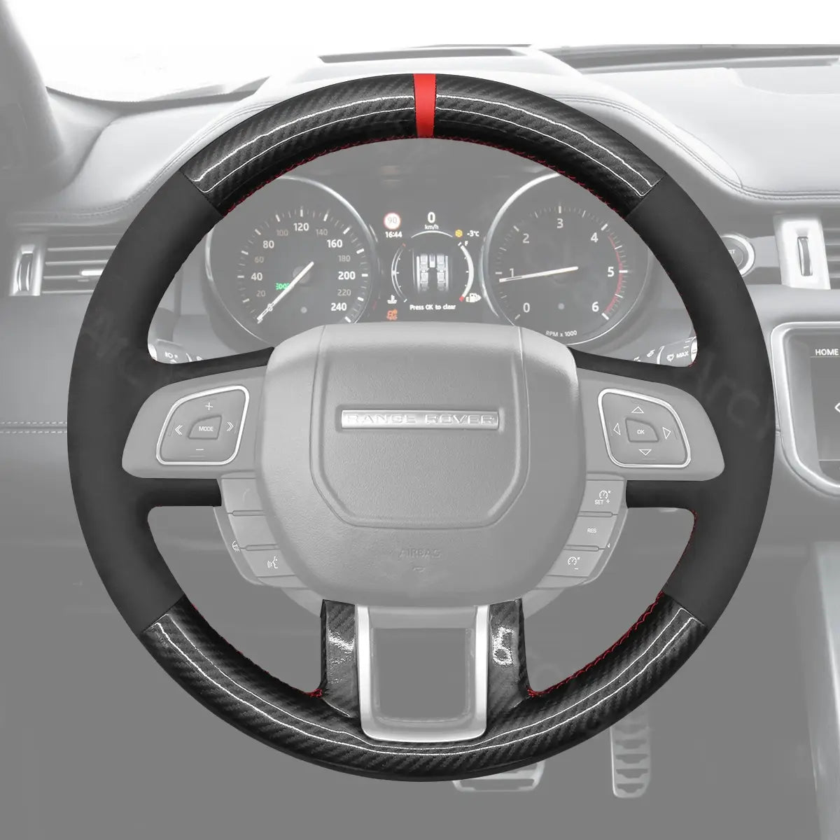 Steering wheel cover for Land Rover Evoque I (2012-2019). Custom fit cover designed for enhanced comfort and a sleek look to upgrade your SUV's interior.