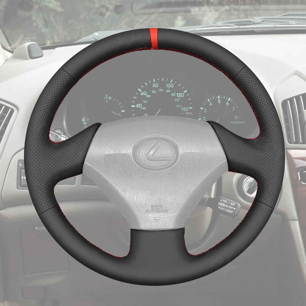 Custom-fit steering wheel cover for Lexus RX300 1999-2000. Adds comfort, grip, and interior style.