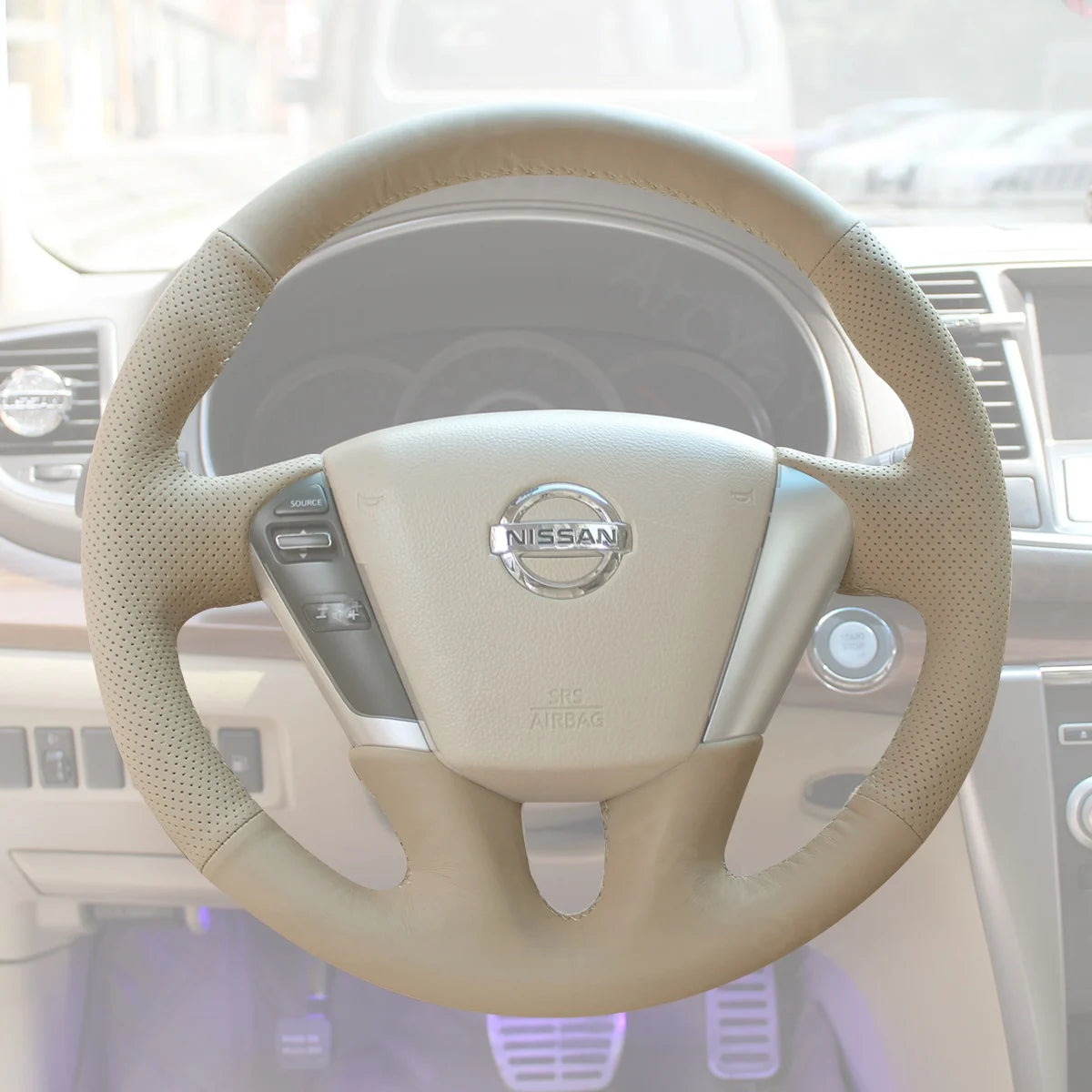 Leather steering wheel cover for Nissan Murano 2009-2015. Provides comfort, grip, and a sleek look.