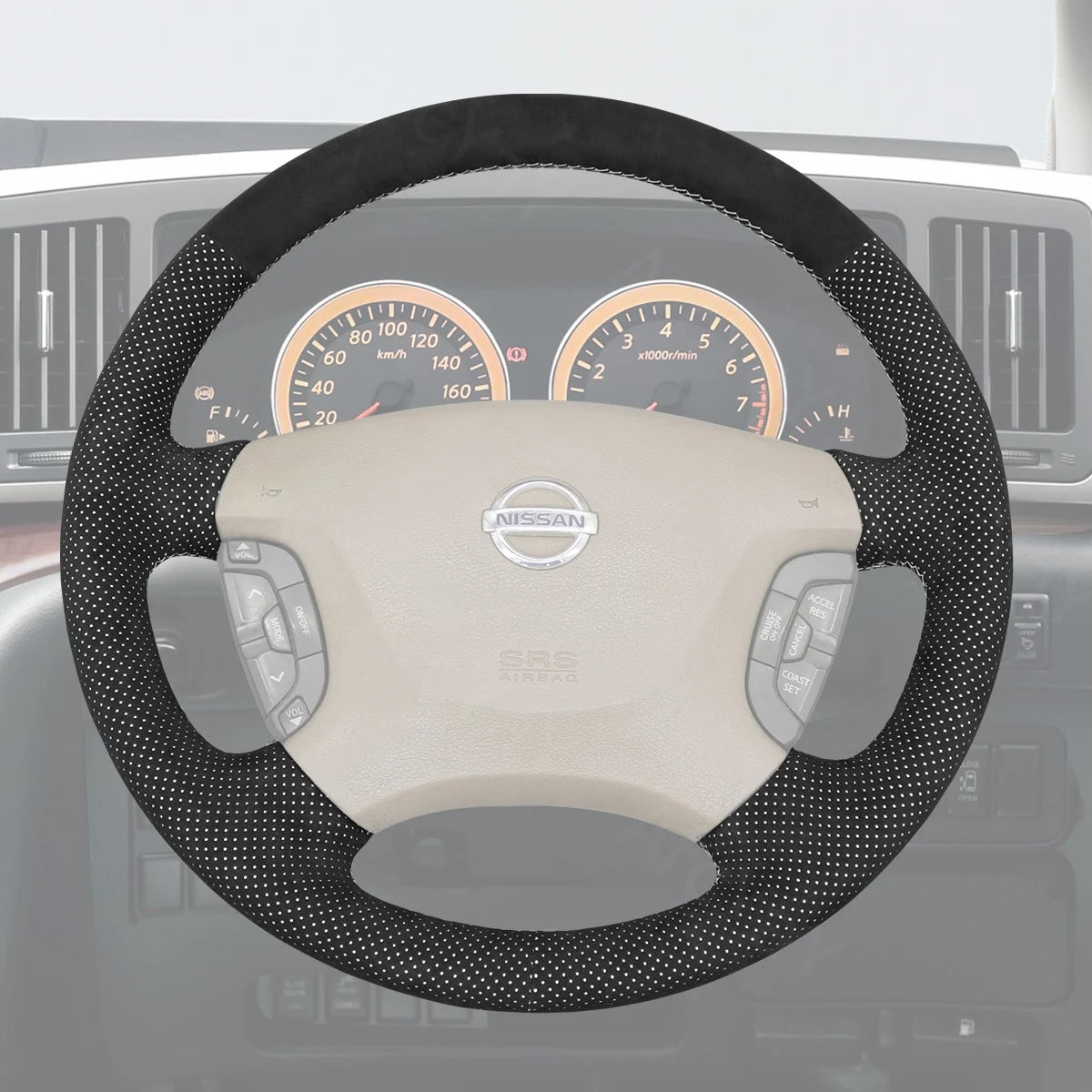 Premium cover for Nissan Pathfinder, Patrol Y61 1996-2015. Offers comfort and durable grip on the wheel.