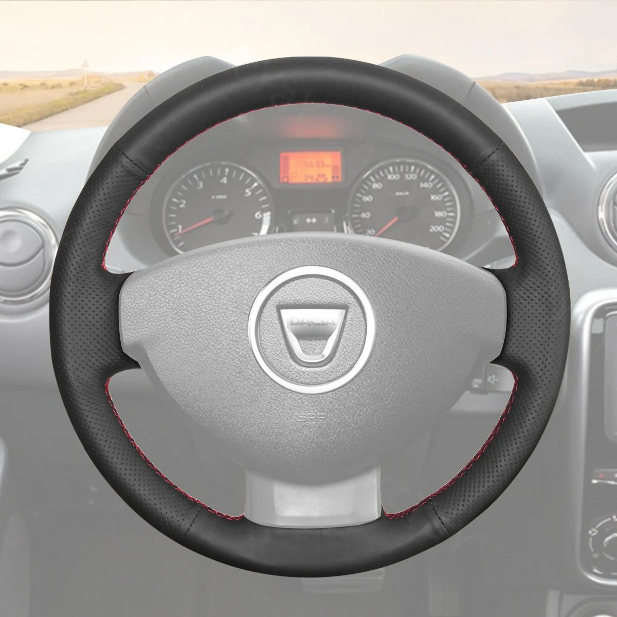 Custom-fit steering wheel cover for Renault Duster 2010-2016. Provides enhanced grip, comfort, and style to your driving experience.