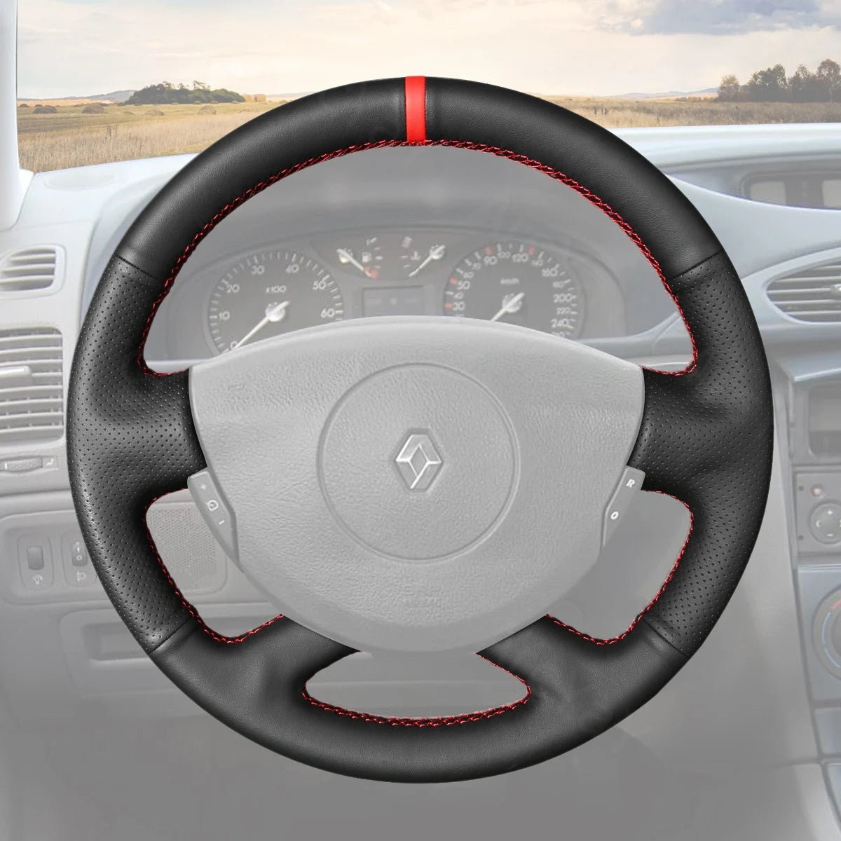 Custom-fit steering wheel cover for Renault Espace Grand 2003-2008. Enhances comfort and style for your driving experience.