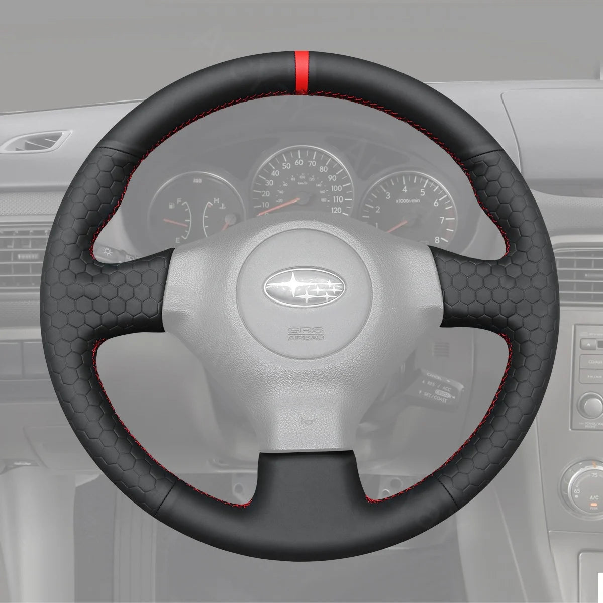 Leather steering wheel cover for Subaru Forester 2005-2008. Adds comfort and a luxurious touch to your steering wheel.