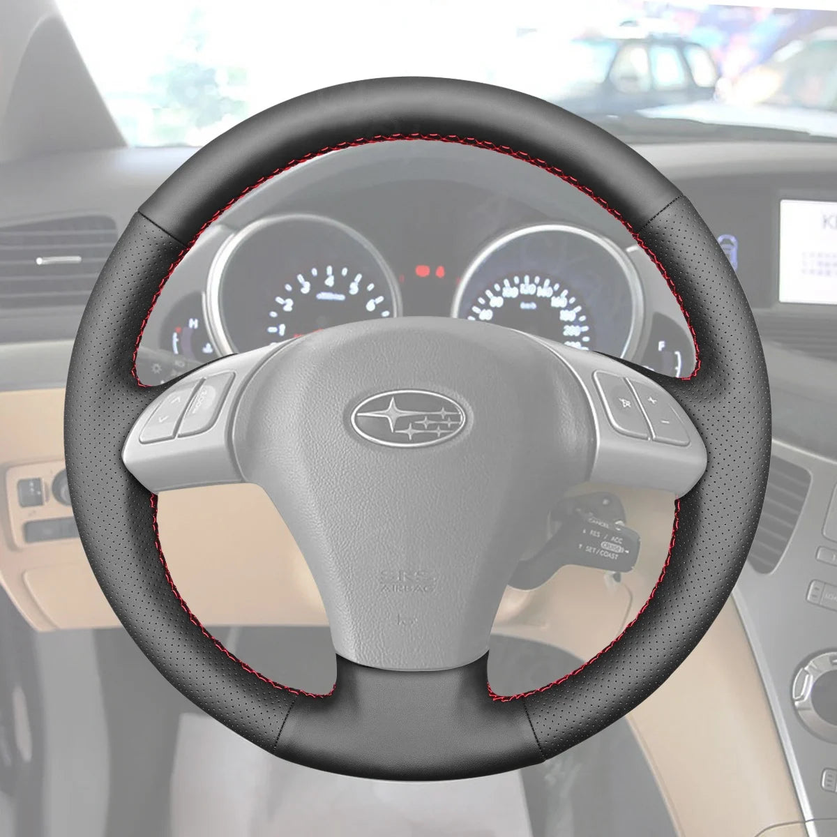 Custom-fit steering wheel cover for Subaru Tribeca 2007-2014. Stylish, comfortable, and provides excellent grip.