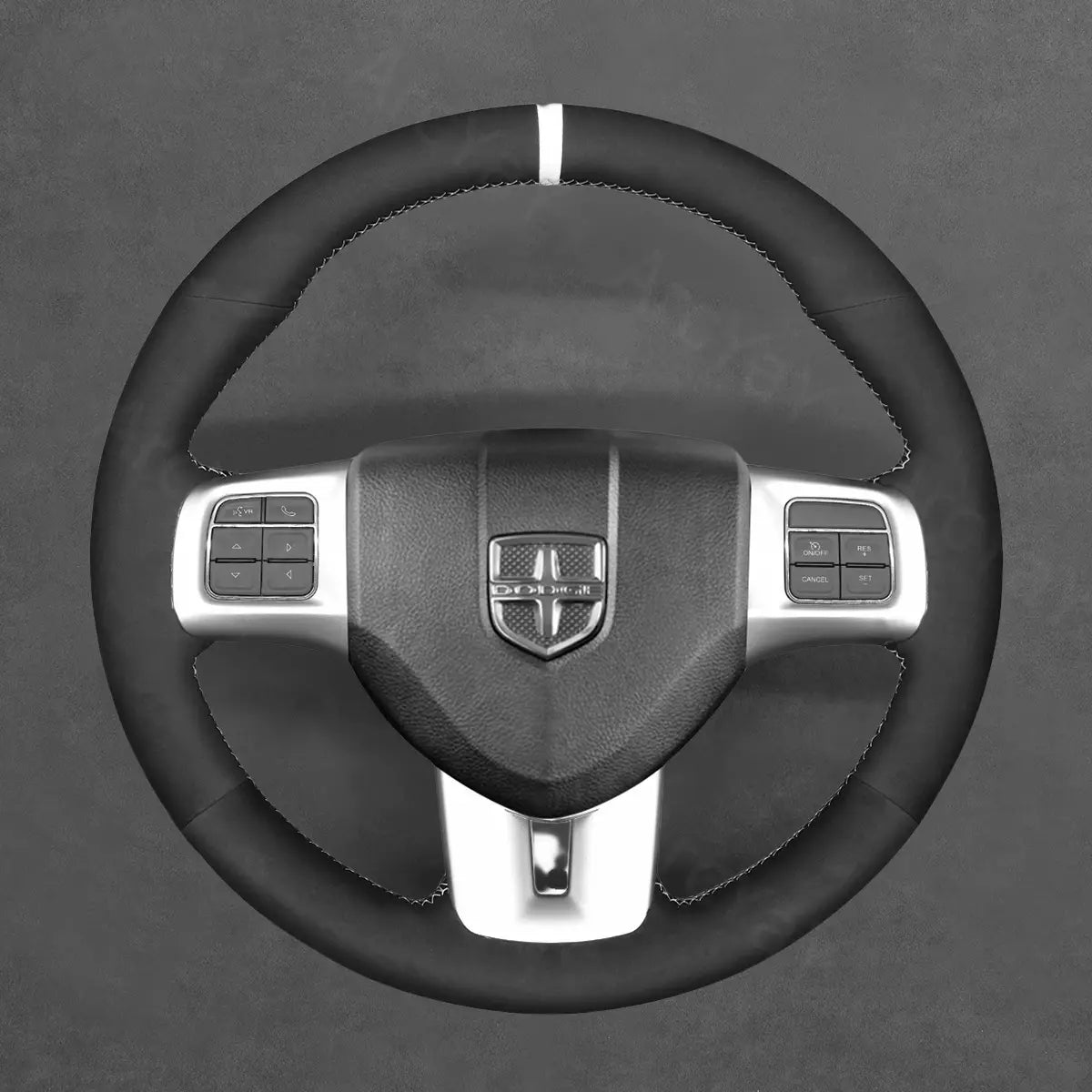 Protect your Dodge Dart (2013-2016) steering wheel with ArcYaY's Sedan cover. Premium PU leather, hand-stitched non-slip grip, and ergonomic cutouts ensure driving comfort, style, and long-lasting protection.