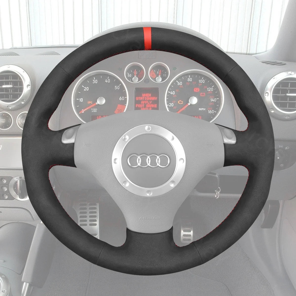 Custom-fit steering wheel cover for Audi A4 (2002). Adds style, comfort, and durability to your vehicle’s interior.
