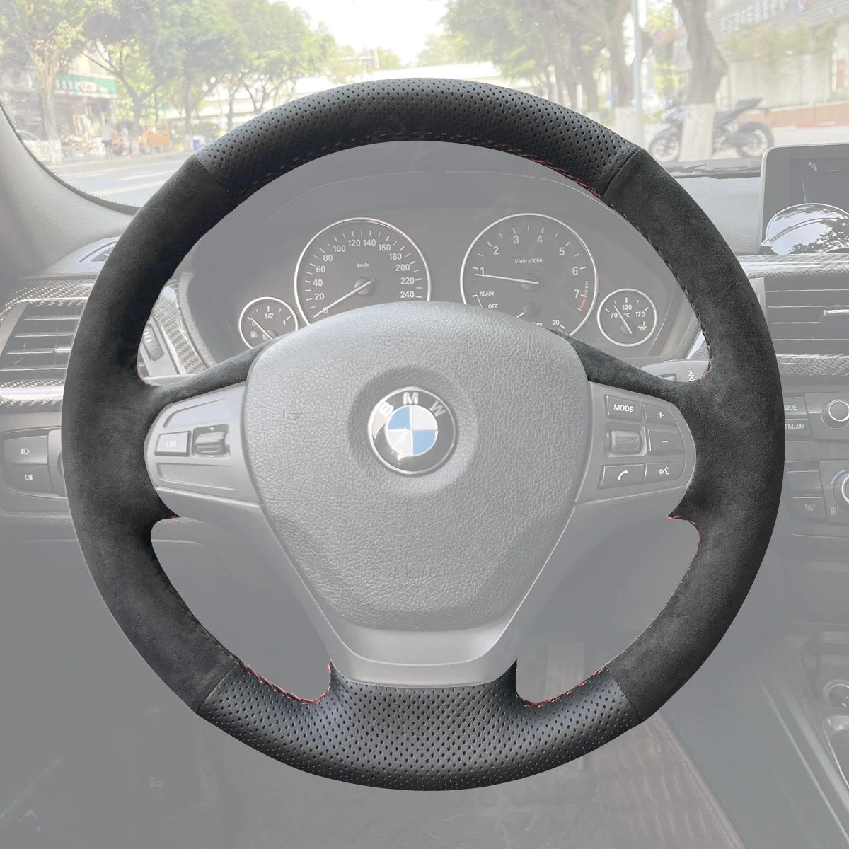 Steering wheel cover for BMW 3 Series F30 (2012-2019). Improves comfort and adds a stylish touch to your vehicle’s interior.
