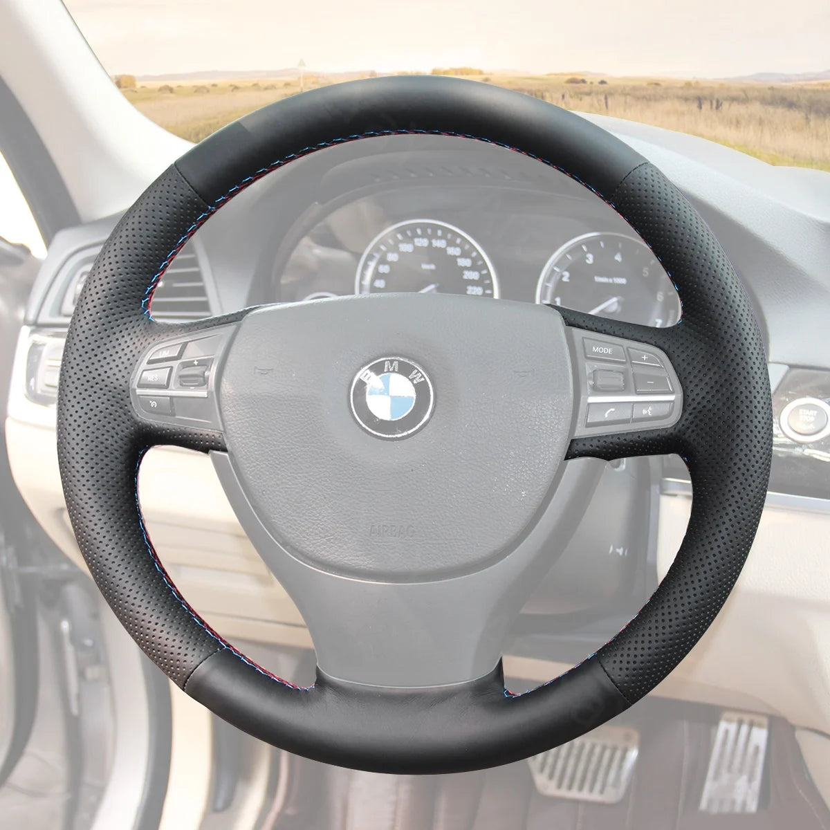 Custom steering wheel cover for BMW 5, 7 Series F10, F01, F02 (2008-2017). Elevates comfort and style for your car's interior.