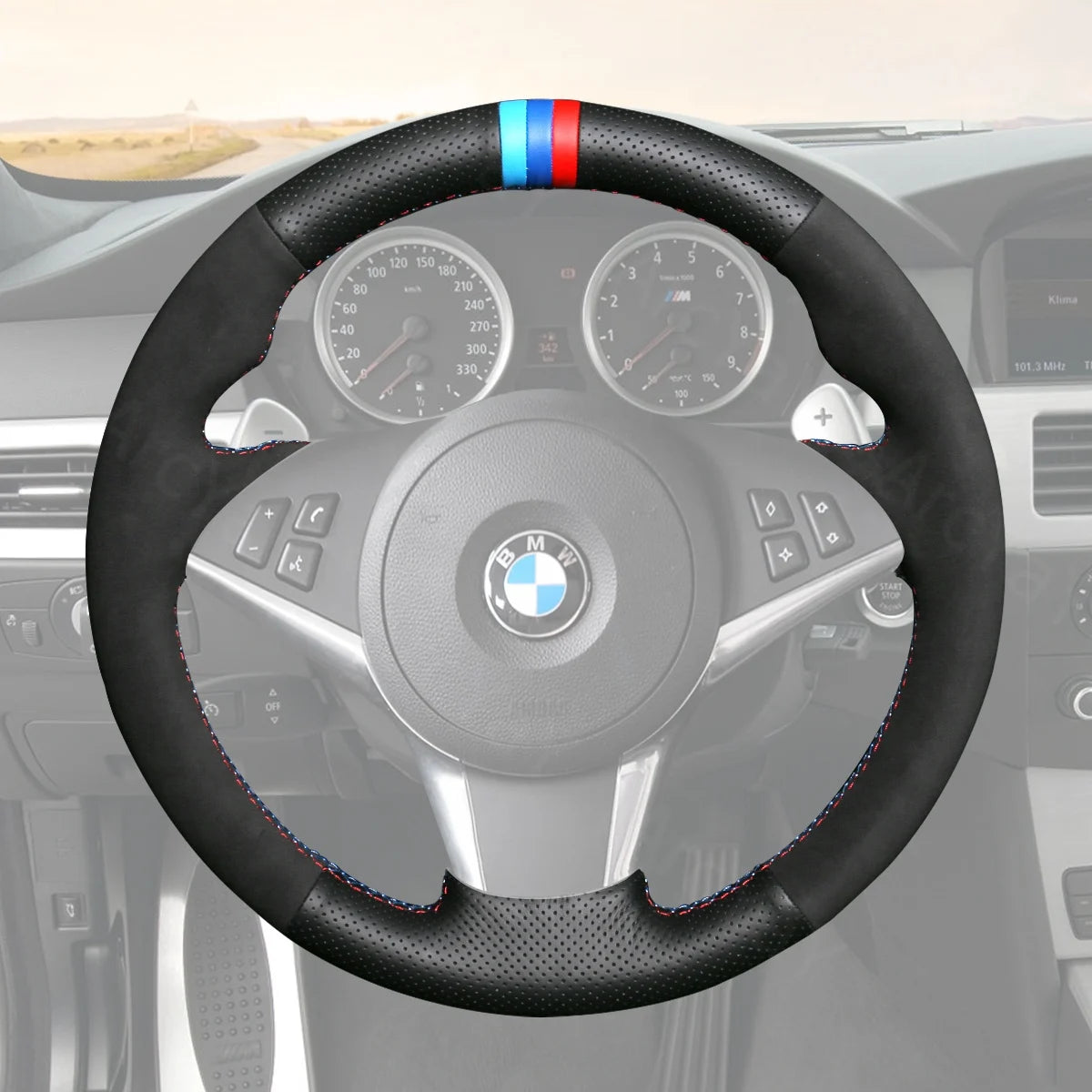 Custom steering wheel cover for BMW 5 Series E60 M5 (2003-2010). Adds comfort, luxury, and superior grip for your steering wheel.