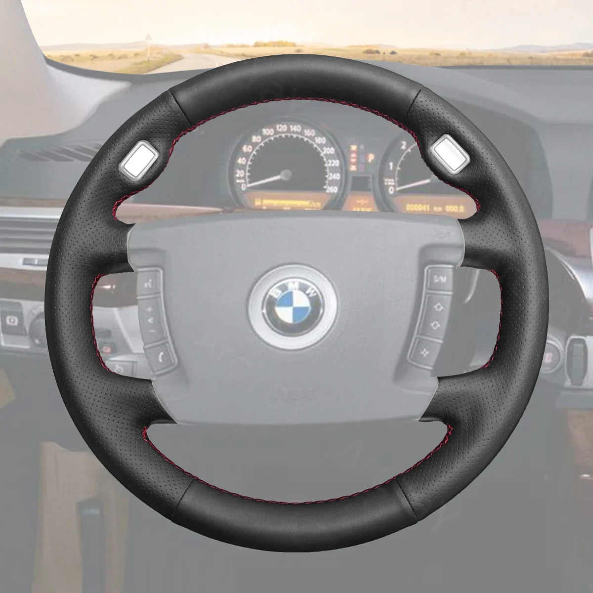 Tailored steering wheel cover for BMW 7 Series E65, E66 (2001-2008). Adds luxury, comfort, and improved grip for your driving experience.