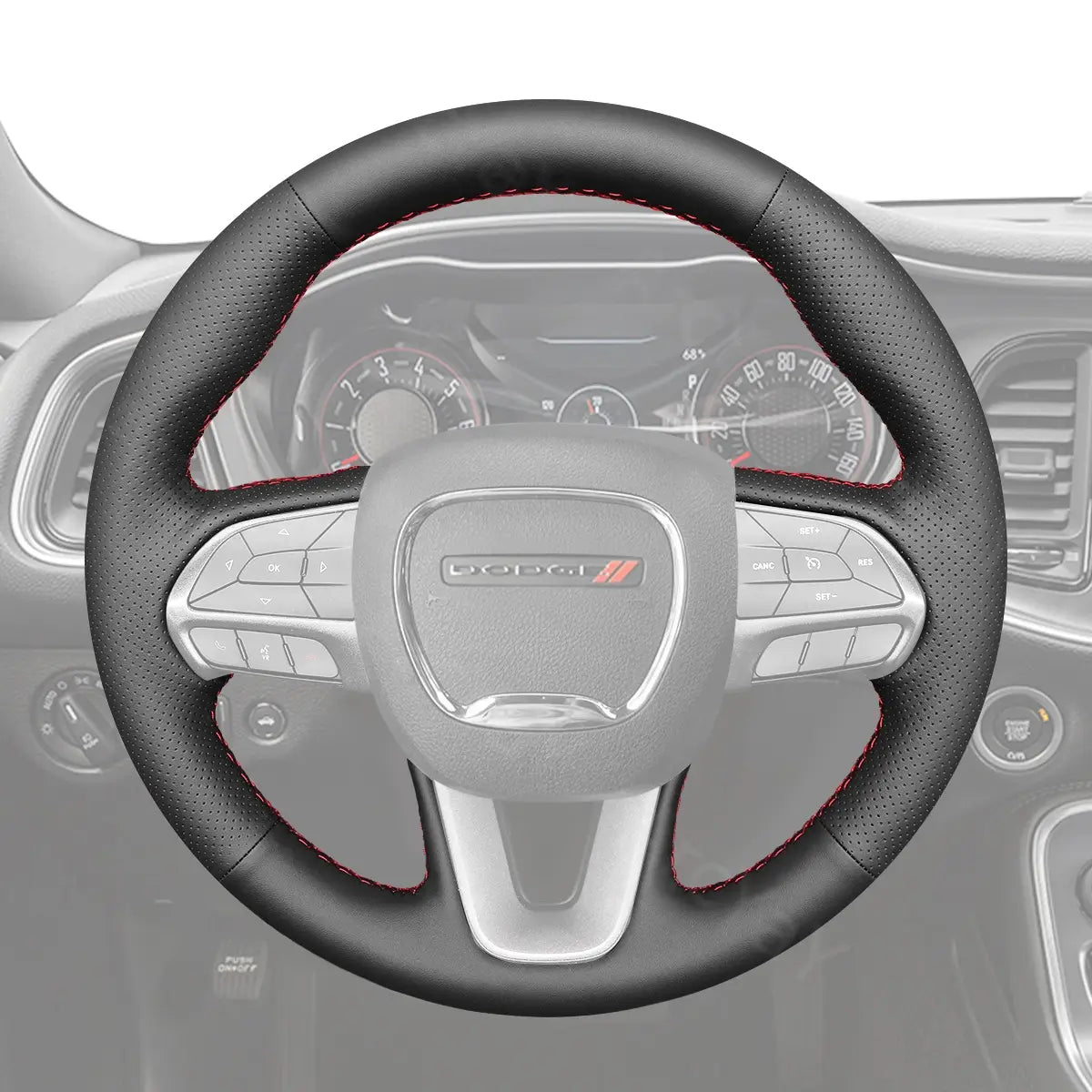 Steering wheel cover for Dodge Charger (2015-2023). Custom fit designed for comfort, protection, and a stylish upgrade to your sedan's steering wheel.