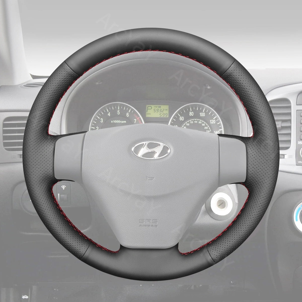 Steering wheel cover for Hyundai Accent (2006-2011). Custom fit designed to provide a secure grip and enhanced comfort for your sedan's steering wheel.