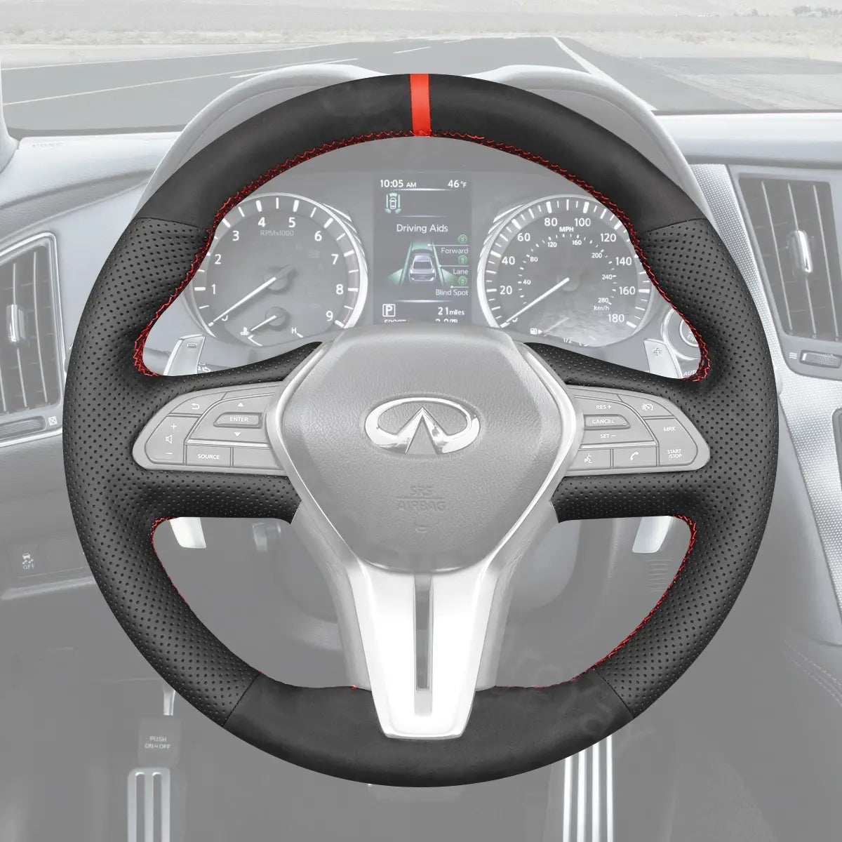 ArcYaY Premium steering wheel cover for Infiniti Q50 (2018-2024). Tailored for luxury, comfort, and a superior driving experience.