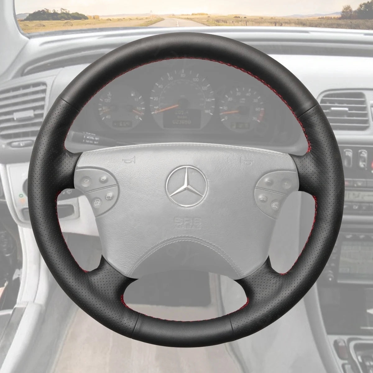 Tailored steering wheel cover for Mercedes Benz CLK, E-Class W208, C208, W210 (2000-2003). Offers comfort and elegance for your ride.