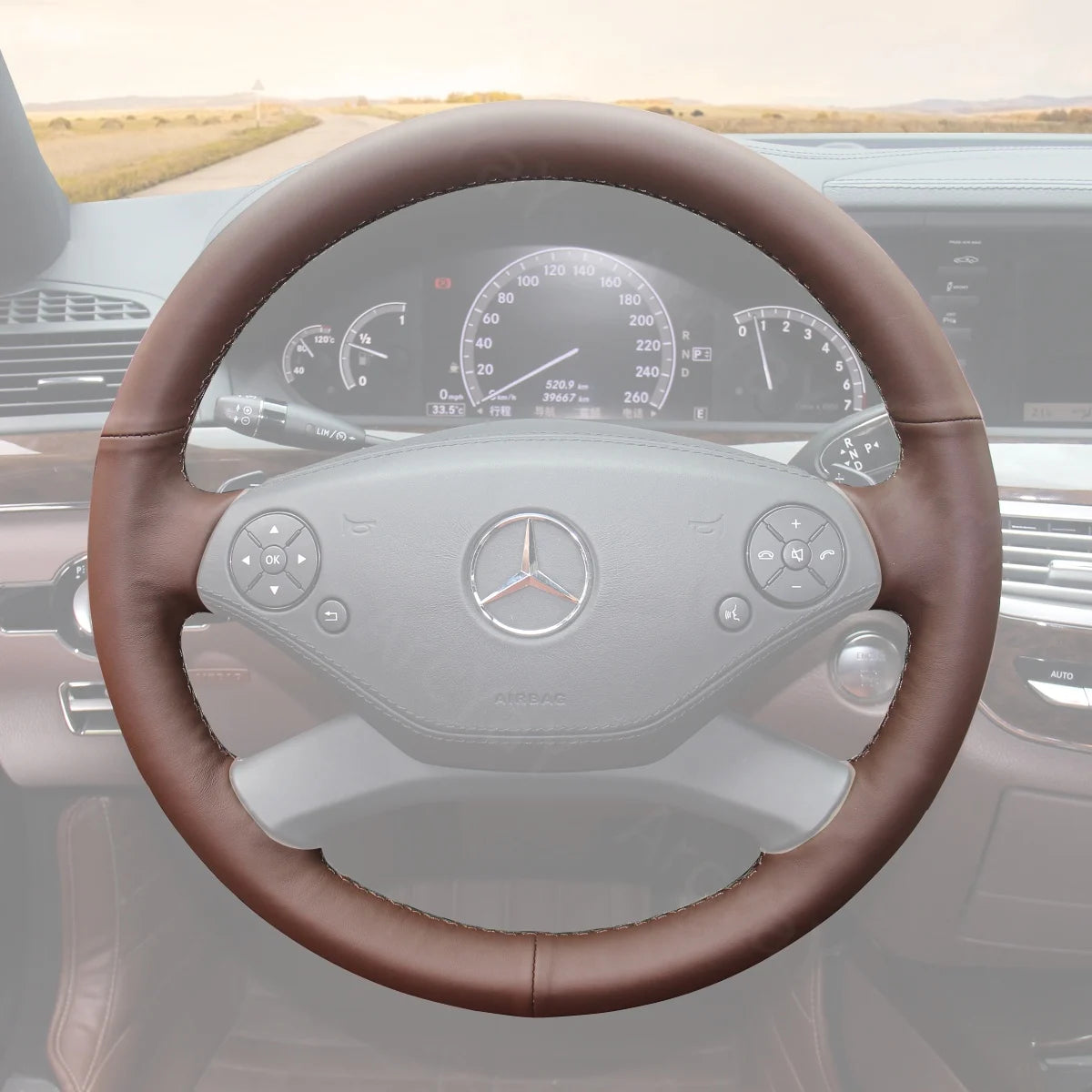 Custom-fit steering wheel cover for Mercedes Benz CL, S-Class C216, W221 (2010-2014). Elevates comfort and elegance for your drive.
